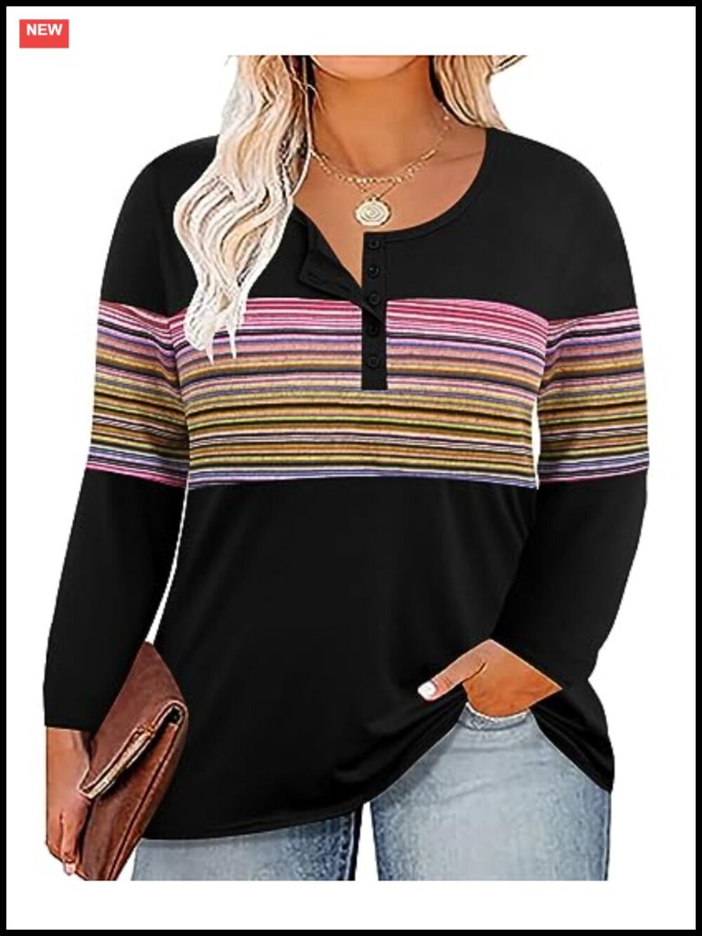 Plus Size Long Sleeve Henley Tunic Top Button Up Blouse Fall